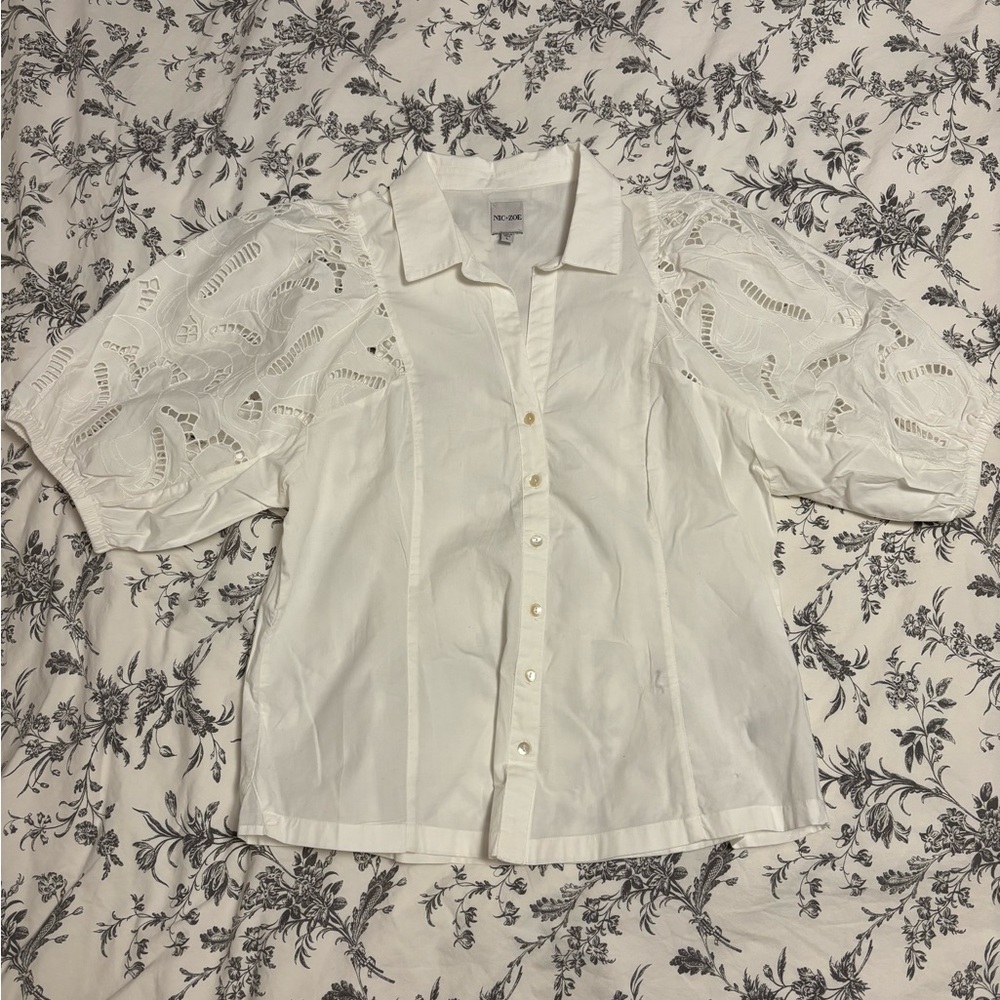 NIC+ZOE White Button Down Shirt with Lace Sleeves